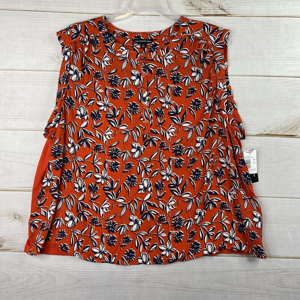 Zac & Rachel Top Womens 3X Red Floral Mixed Media Butto Up Sleeveless Boho NWT